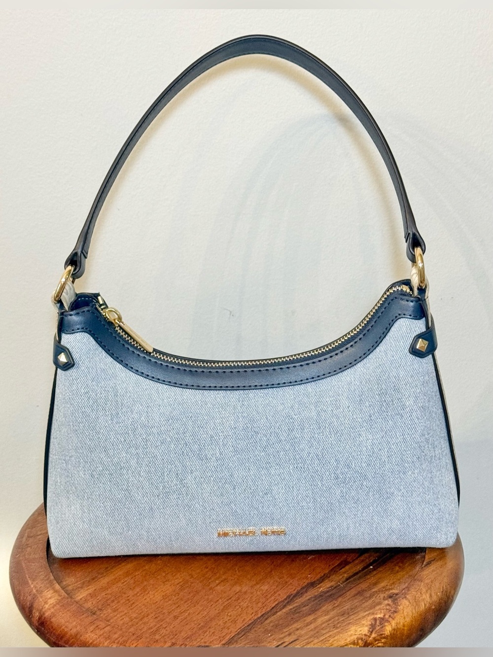 Denim Michael Kors Maeve Pouchette Denim and Leather Shoulder Bag